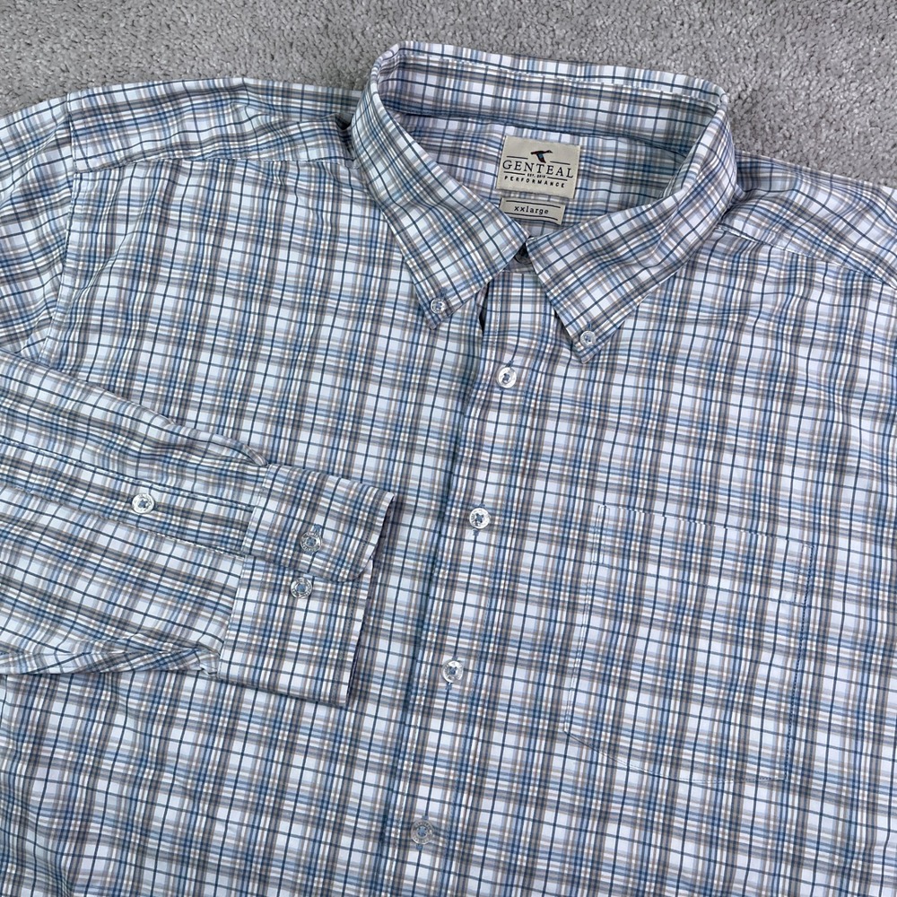 Genteal Shirt Mens 2XL XXL Blue Grey Plaid Performance Stretch Long Sleeve